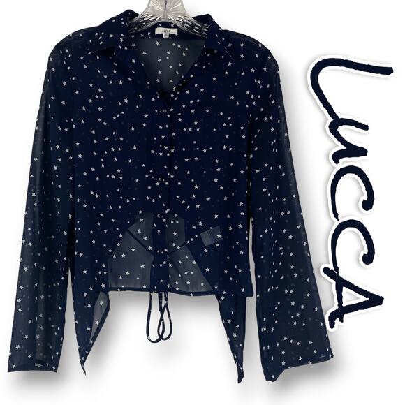 Lucca Star Sheer Cropped Blouse Button Front Navy Blue Back Tie Womens Size XS - Picture 1 of 11